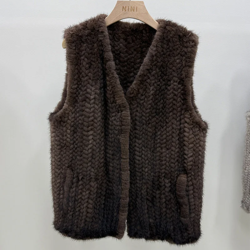 New Natural Mink Fur Vest Knitted Women's Real Fur Strip Sewed Toghter Waistcoat Jackets Luxury Woman Clothing Outwear