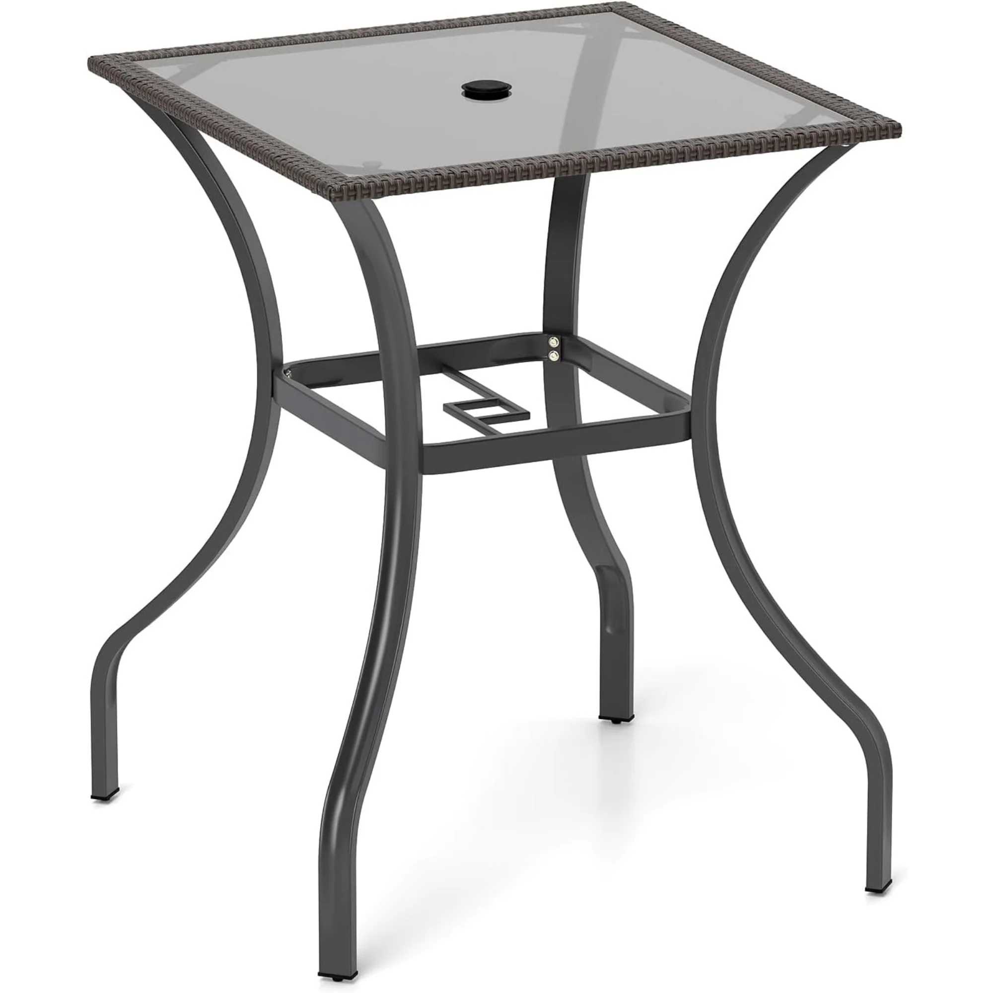 Patio Bar Table with Umbrella Hole, All Weather 37 Inches Height Heavy Duty Outdoor Square Glass Top Table, for Garden Balcony Poolside and Lawn, Mix Brown