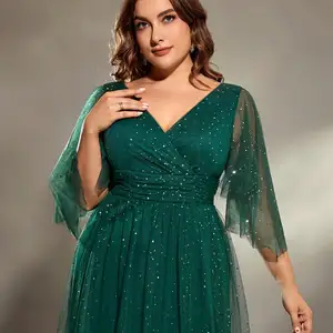 Mgiacy-V-Neck Cross Plisados Breast Dress Night, Long Sleeve, Fillet Netting, a Full Skirt, Night Dress, Party Dress, Plus Size 10 Main Sales Long Plus Size Dress - №4