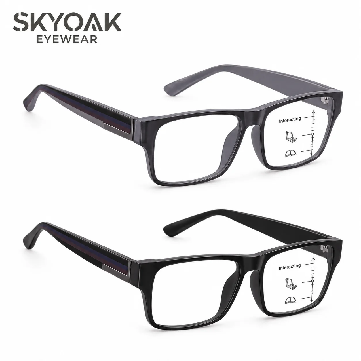 SKYOAK 2 Pack TR90 Progressive Multifocal Reading Glasses for Men, Thick Frame Anti Blue Light UV400 Computer Readers