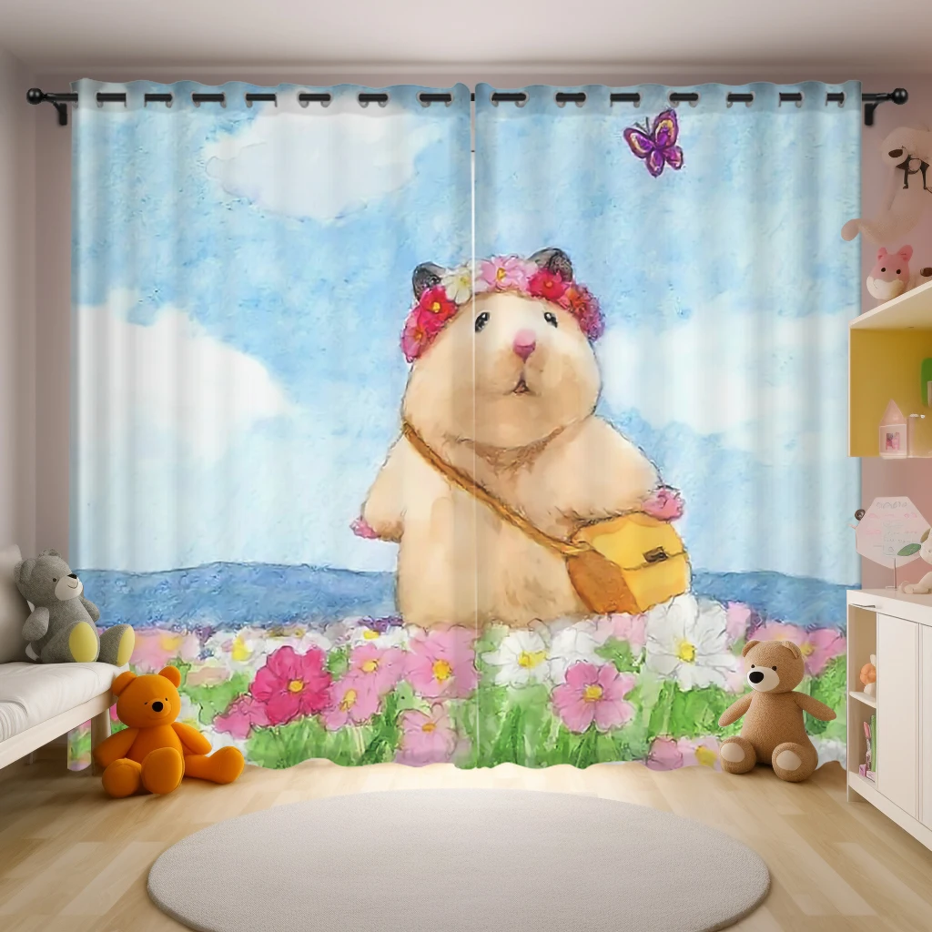 Cute Hamster Illustration Style Curtains Cartoon Kids Room Girl Bedroom Girl Floor-to-ceiling Window Blinds Semi-blackout Drapes