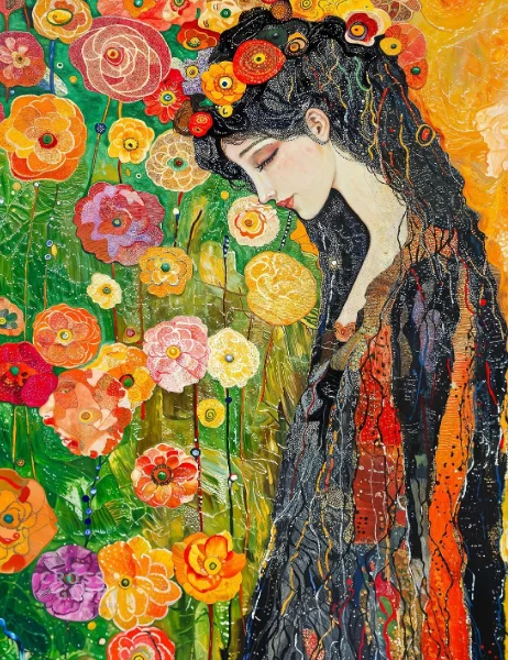 500/1000/1200/2000PCS Flower Lady Portrait Jigsaw Puzzle Klimt Style Golden Texture Floral Painting DIY Puzzle Decor