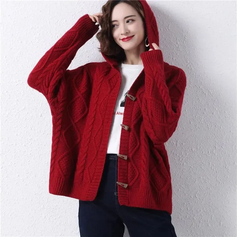 Hooded Knitting 2023 New Autumn Women Coat Diamond Horn Buckle Temperament Thicken Schoolgirl Women Winter Warm Cardigan Jacket