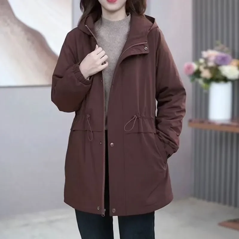 

Women's Brown Hooded Trench Coat Drawstring Waist Mid-Length Casual Outerwear