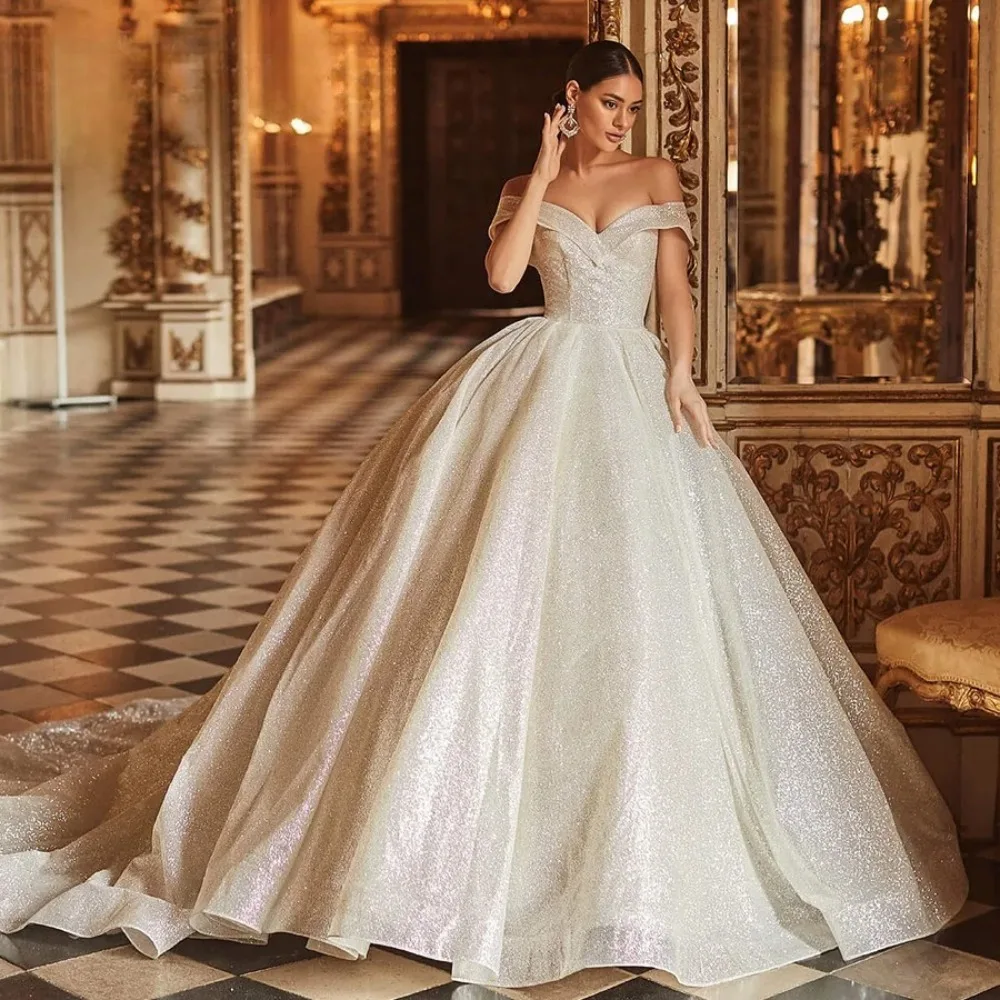 Customized Off Shoulder Shiny Wedding Dresses 2026 New Heart-shaped Collar Ruffled Fluffy Bridal Gown Suitable for Cathedrals