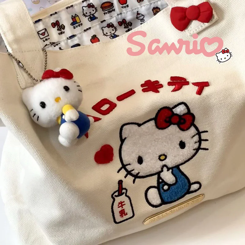 

Sanrio Kawaii Hello Kitty Handbag Women Cartoon Cute Canvas Large Capacity Shopping Bags Students Fashion Tote Bag girl gift
