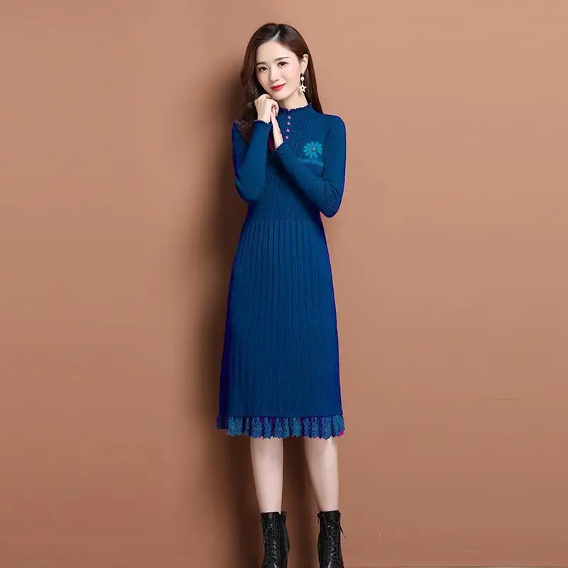 Oversize Women Long Dress For Autumn Winter Vertical Grain Wave Half High Collar Pullover Slim Bottom Sweater Lady Dresses