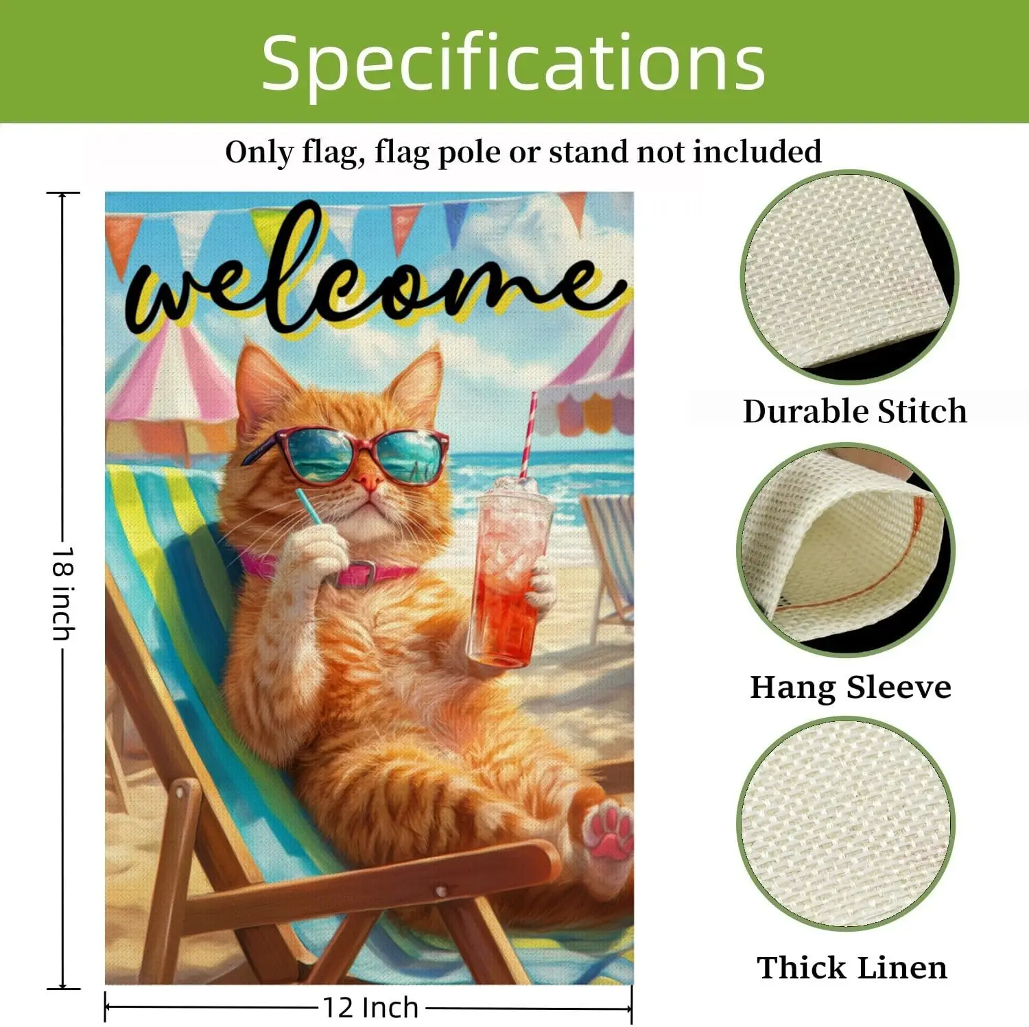 Cat Welcome Beach Vibes Garden Flag, 12 x 18 Inch Burlap Double Side Printed, Cat On Summer Beach Farmhouse Lawn Yard Patio  SSL