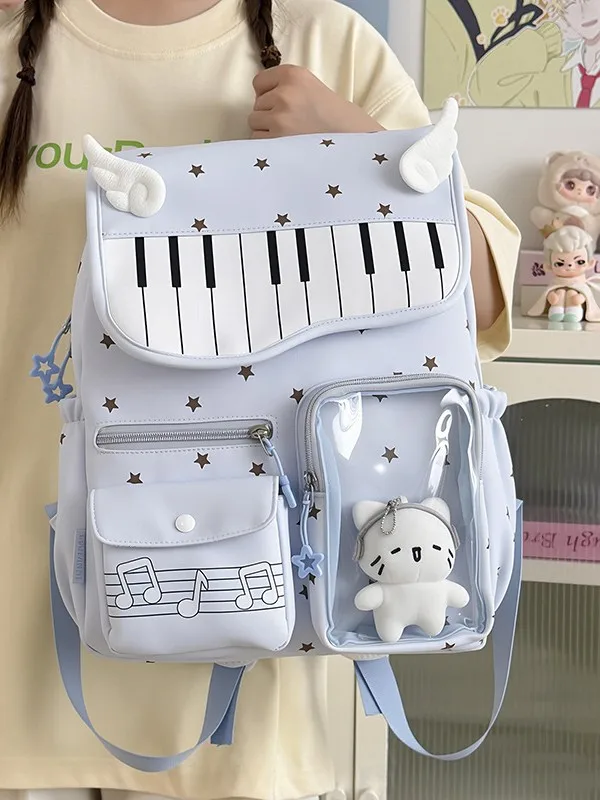 Cute Piano Key Print Backpack With Angel  Ita Bag Pocket Girls Large Capacity School Travel Daypack