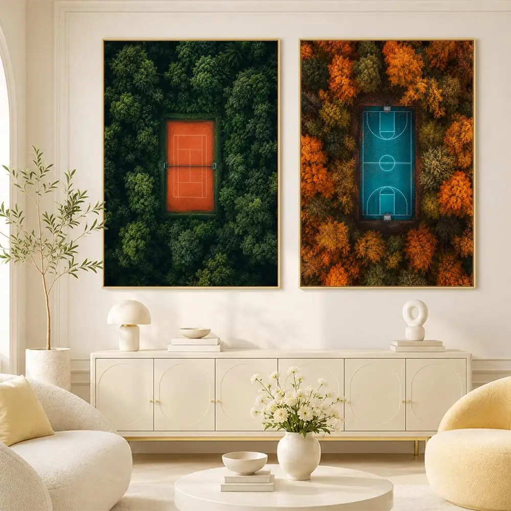 Four Seasons Forest Sport Court Poster Living Room Bedroom Wall Decor Poster Self-Adhesive Aesthetic Modern Vibe