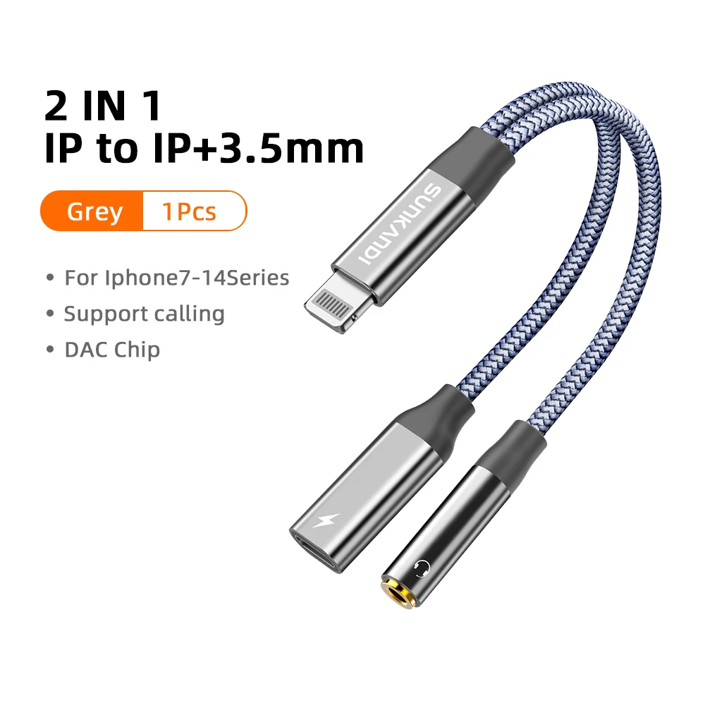 SUNKANDI 2-in-1 Dongle Adapter, Lightning naar 3.5mm Hoofdtelefoon en Lightning naar Dubbele Lightning Audio- en Oplaadpoorten Splitter