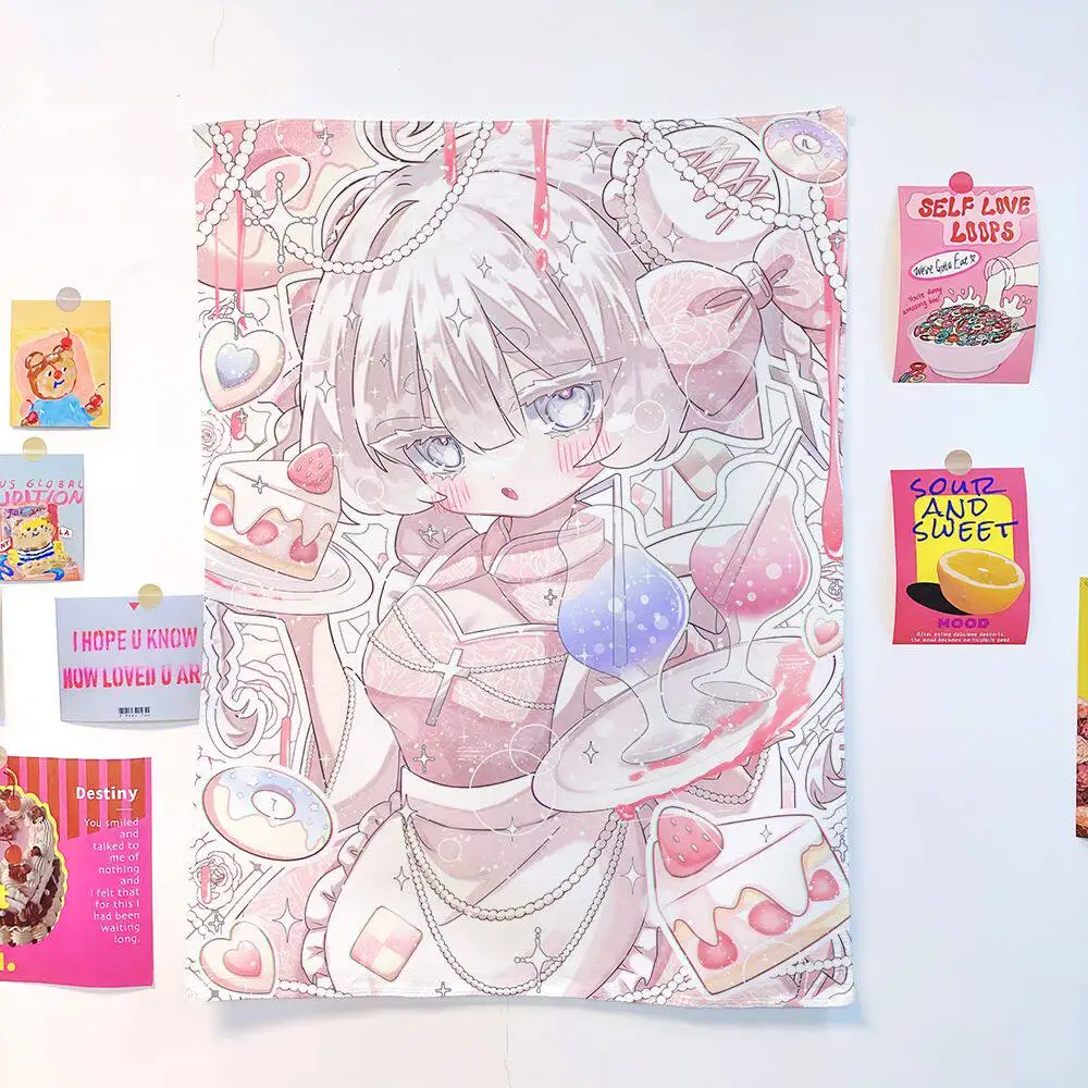 Kawaii Anime-Mädchen Wandteppich mit Süßigkeiten-Print, Wandbehang für Schlafzimmer, Ästhetische Dekoration, Hintergrundstoff