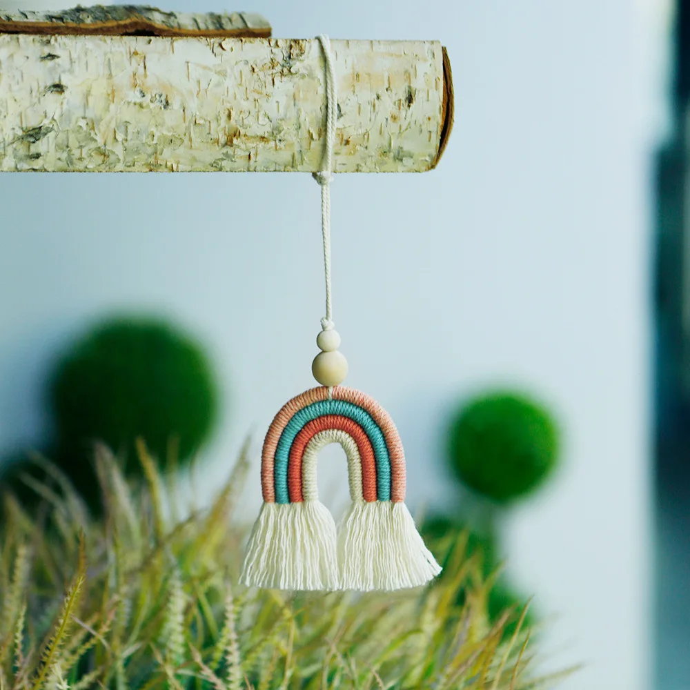 Boho Rainbow Car Charm Macrame Bohemian Rainbow Hanging Pendant Handmade Weaving Rainbow Charm for Car Accessories Decor & Home