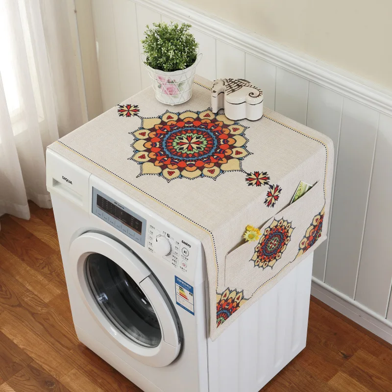 Taobao Printed Linen Refrigerator Cover Washing Machine Cover Multi-Purpose Cover Cloth Pocket Dust Cover Cross-Border One Piece image 3