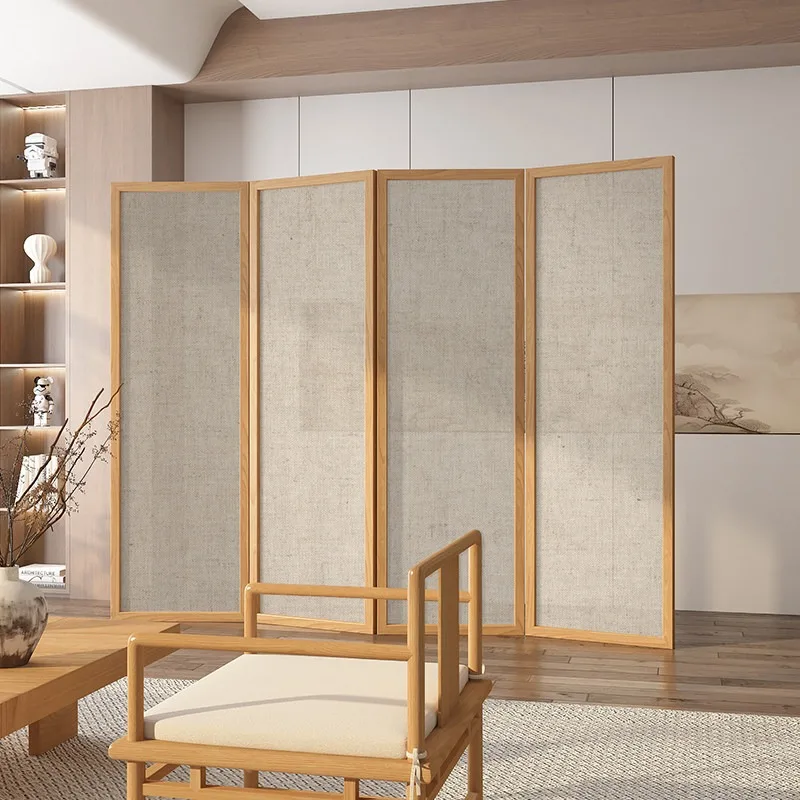 Japanese-style cream screen partition, living room entry shielding, foldable mobile solid wood cotton and linen folding screen 2
