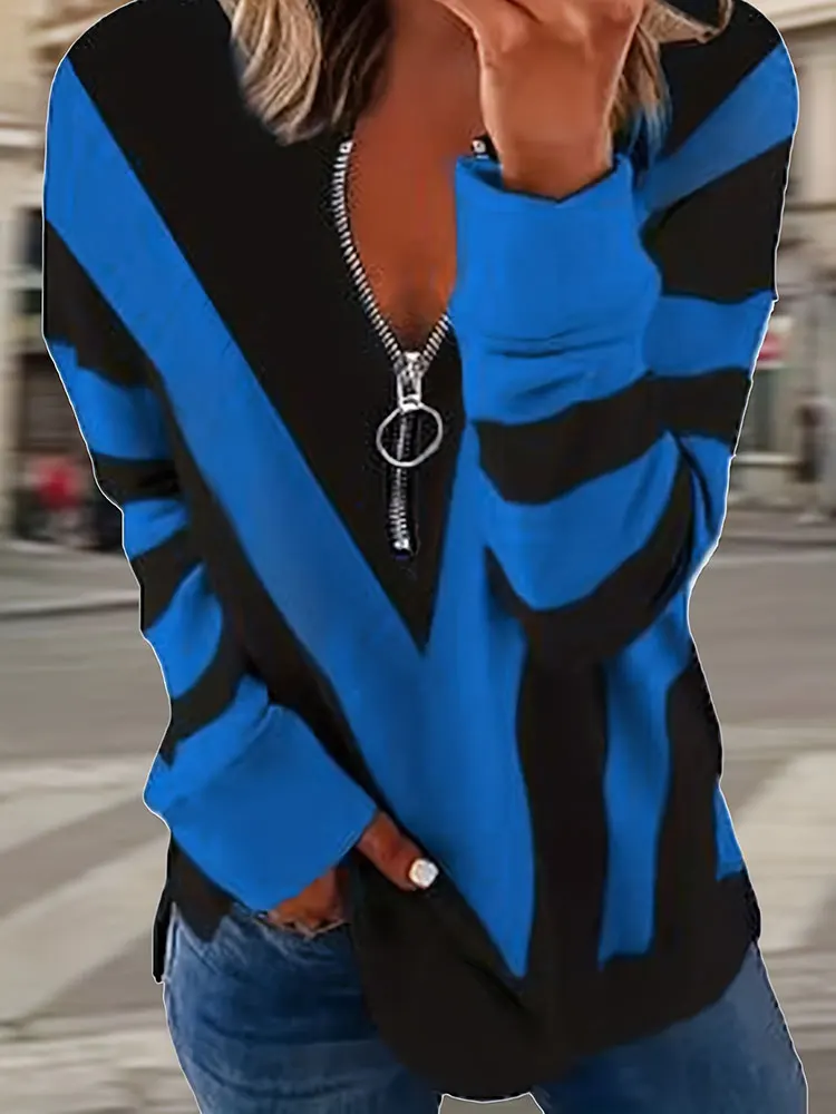 الشارع حجم كبير أزرق أسود اللون كتلة طباعة كبيرة على شكل حرف V نمط متماسكة الجزء العلوي الأمامي نصف البريدي فضفاضة المناسب البلوز التخليص #4