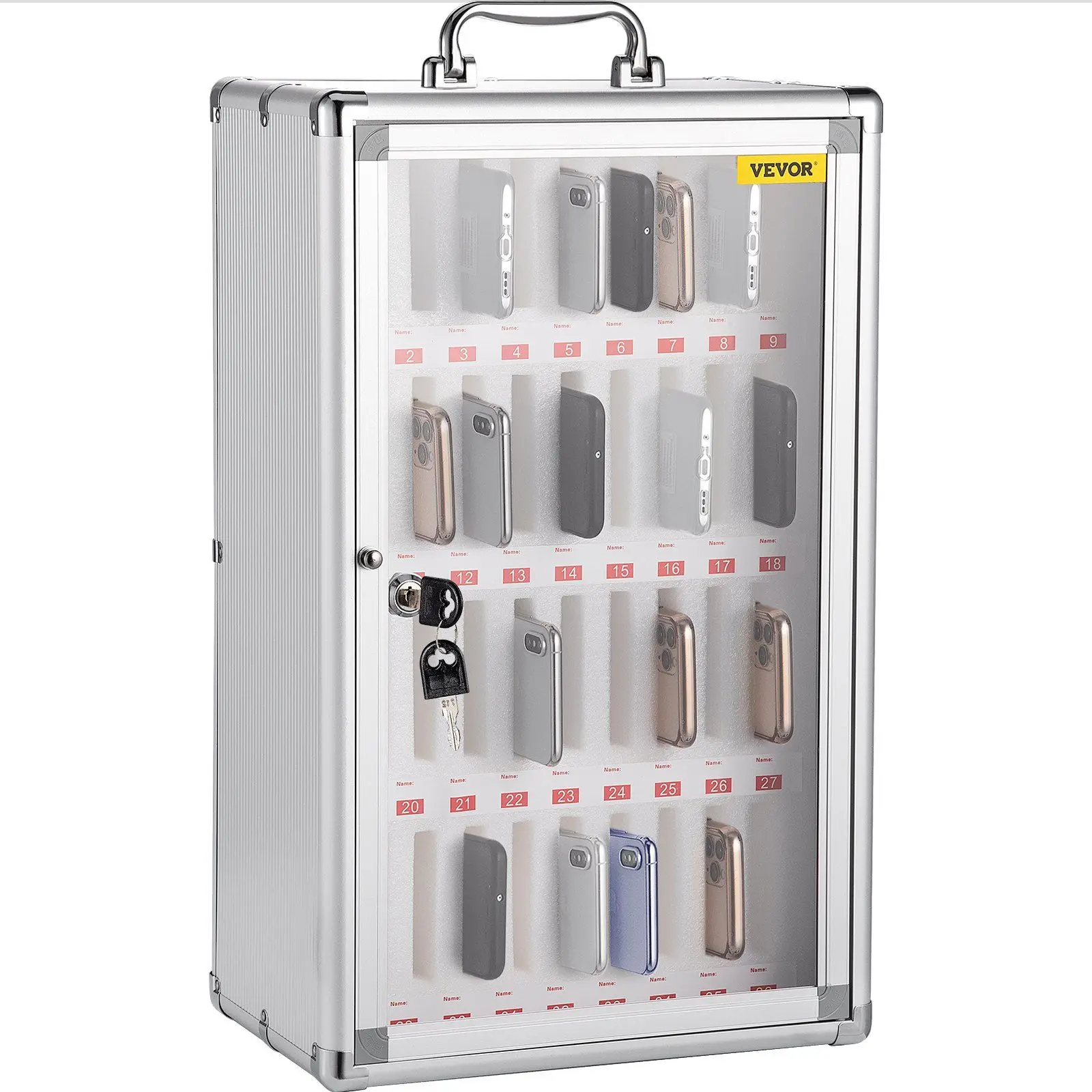 

36-Slot Cell Phone Lockbox Aluminum Silver 12.6"x7.9"x20.1" Impact-Resistant with Key Lock Wall Mount and Top Carry Handle