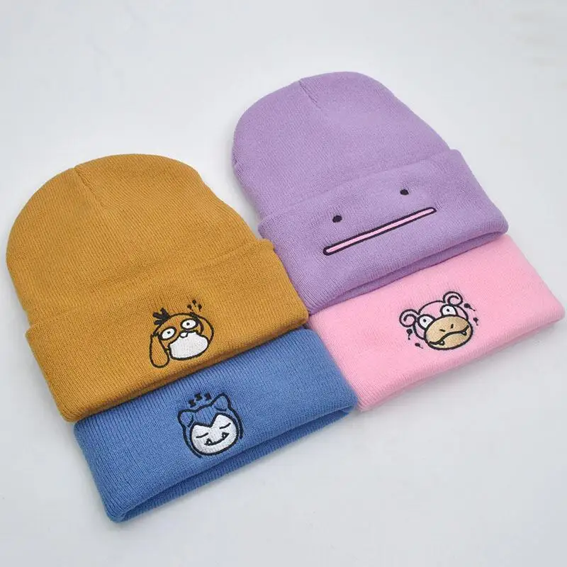 Snorlax Ditto Psyduck Beanies Women Winter Warm Hat Anime Solid Color Funny Embroidery Cap For Men Knitted Bonnet