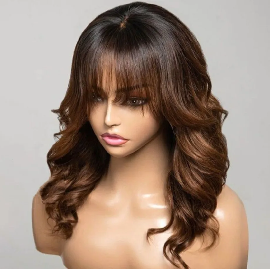 High looks, big wavy wig for women, brown gradient hair color, air bangs long hair cover