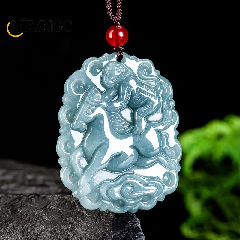 

Natural Jadeite Blue Water Immediately Feng Hou Pendant Hand-carved Ice Horse Monkey Jade Necklace Mascot for Men and Women