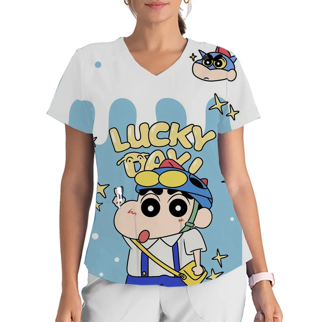 Crayon Shin-chan Anime Kiddie Center Work Clothes V-Neck Print Scrub Top Top Short Sleeve Beauty Salon Work Clothes