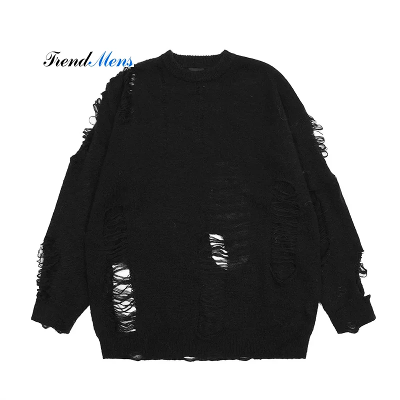 

Lazy Style Solid Color Tattered Sweater for Men's Loose Fitting Long Sleeved Personalized Round Neck Knit High Street Pullover