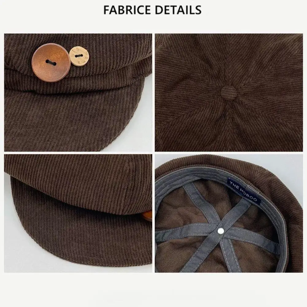 Boina de pana con doble botón, gorro de periódico para mujeres y niñas, gorros octogonales cálidos a prueba de viento para otoño e invierno, sombrero de pintor coreano informal