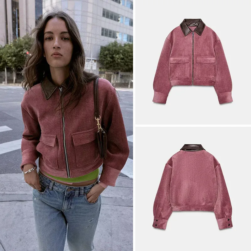 

Новинка Весны: Женская повседневная куртка с длинными рукавами, на молнии, с воротником из бархата и кожаными вставками, верхняя одежда