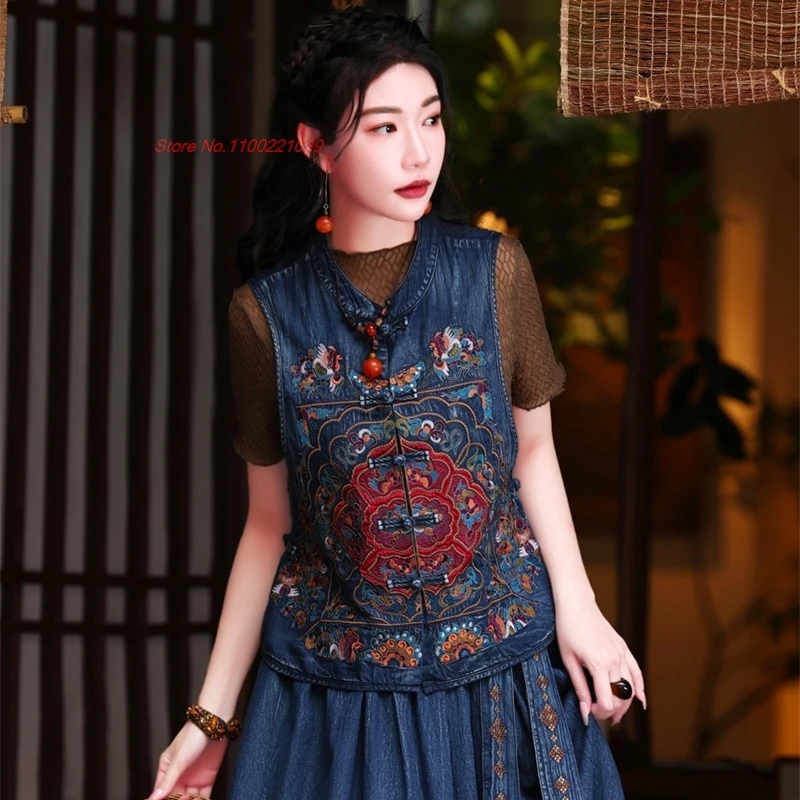 2024 chinese traditional flower embroidery vest vintage hanfu tops sleeveless jacket oriental stand collar denim vest waistcoat