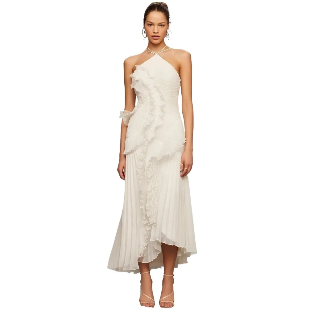 Moda dobras vestido irregular feminino halterneck sem mangas em camadas vestidos casuais 2026 verão nova maré