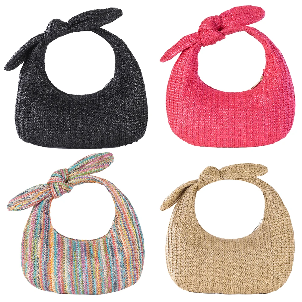 Women Knotted Straw Clutch Purse with Bow Dumpling Evening Clutch Zipper Closure Straw Banquet Bag Female Daily Bag