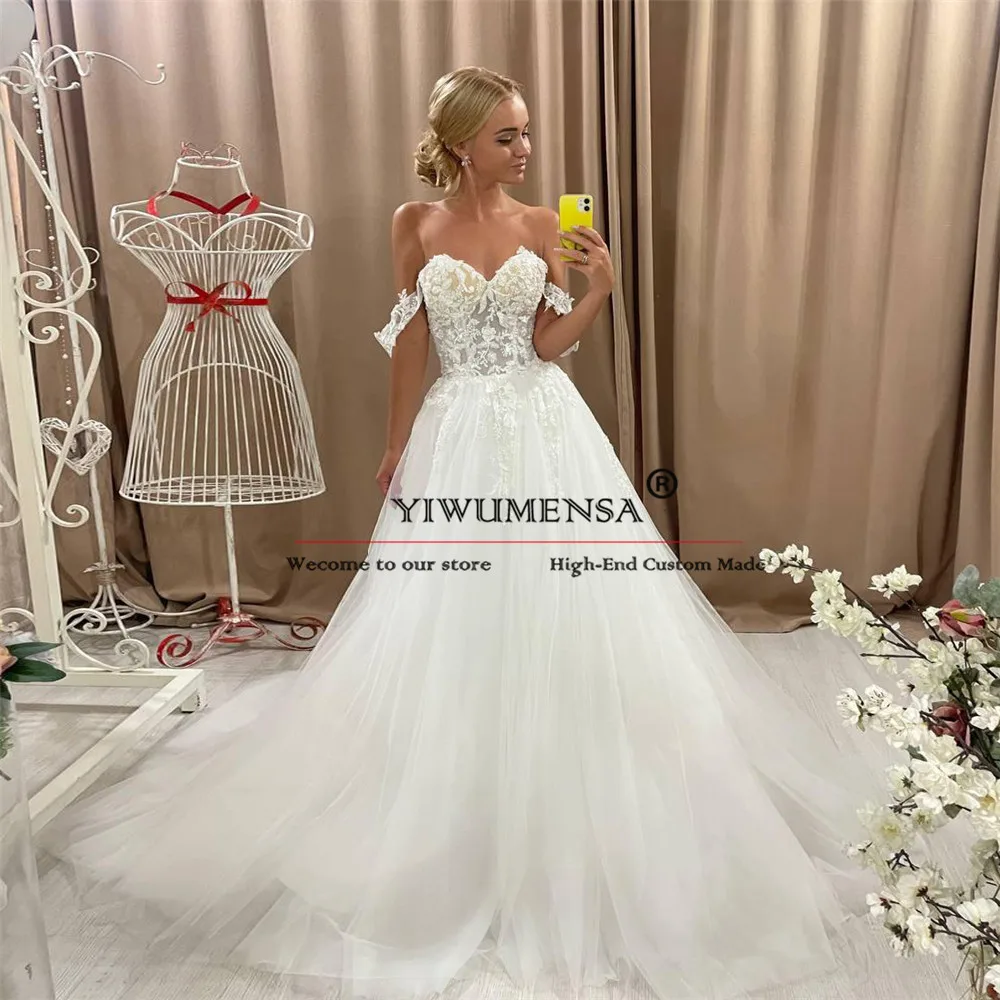 

Modern Tulle A Line Wedding Dresses V Neck Appliques Beaded Off Shoulder Bridal Gowns Tailored Bride Formal Party Marriage Dress