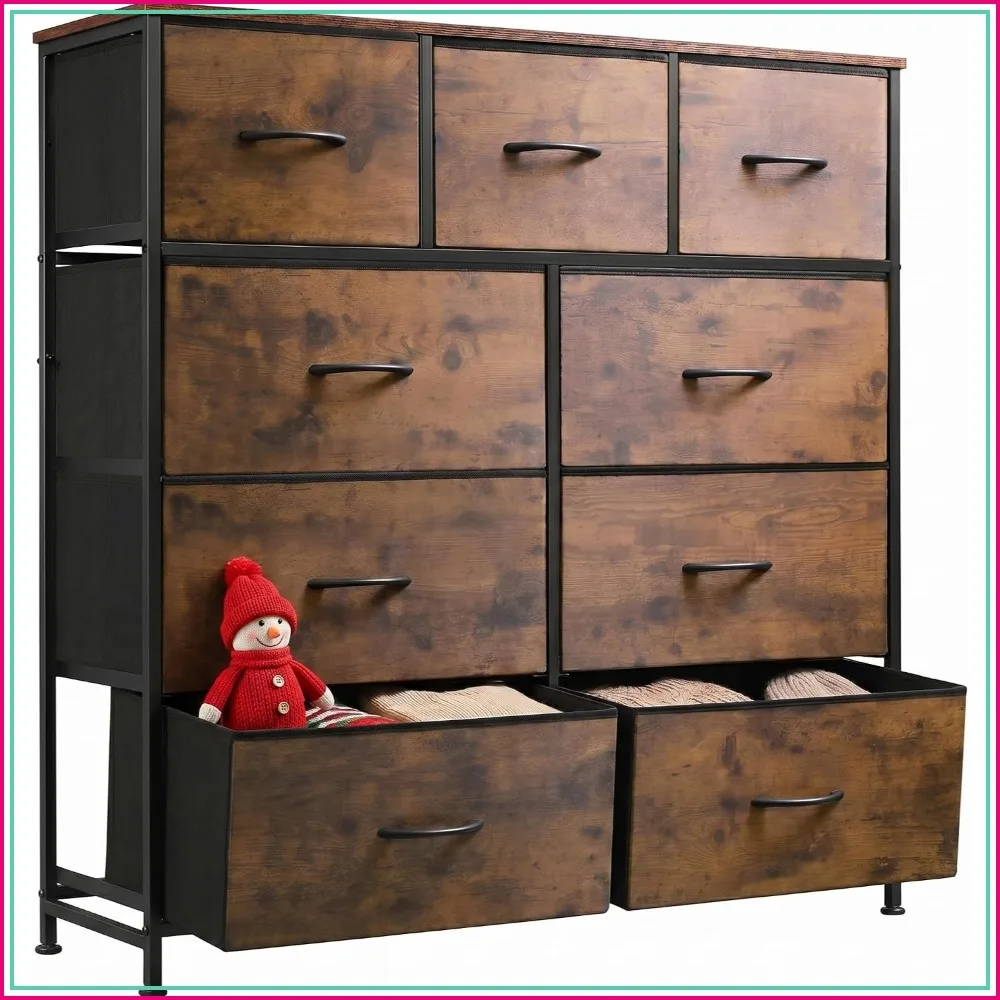 

9-Drawer Fabric Dresser with Steel Frame and Wood Top, Rustic Brown