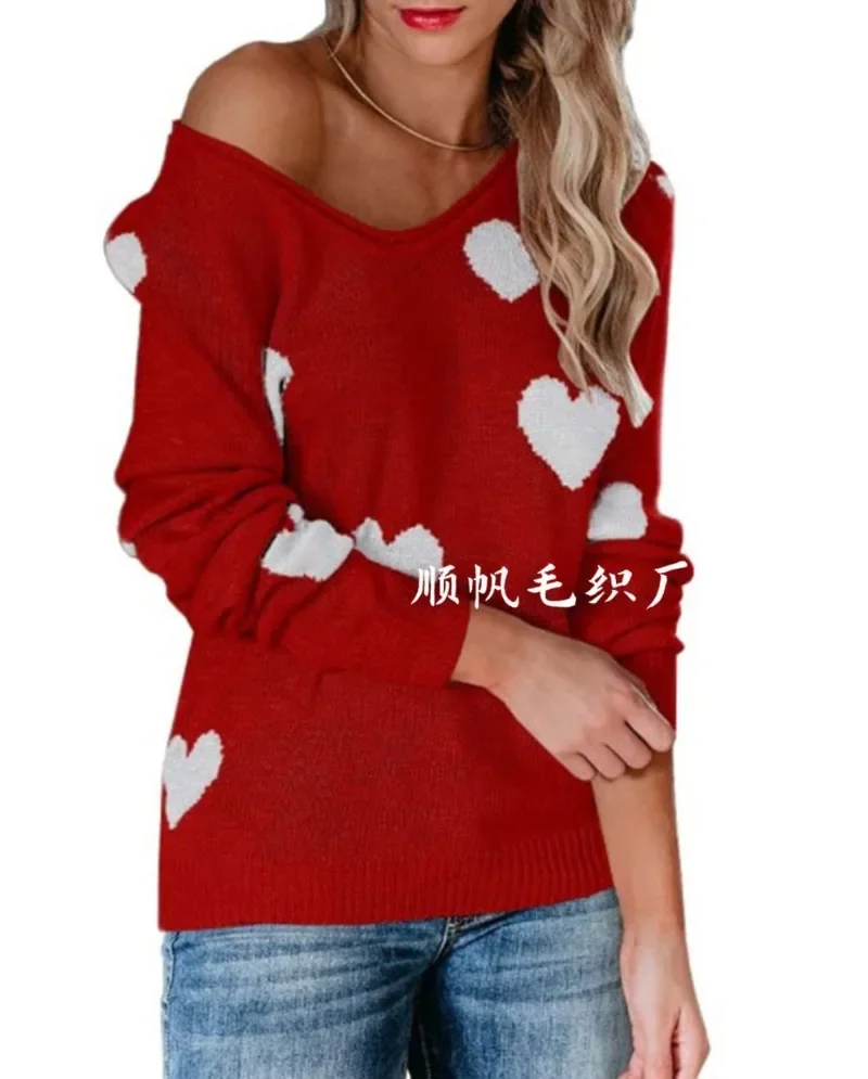 2024 New Loose Top Love Valentine's Day V-neck Knitwear European and American Pullover Sweater for Women SFC6-3