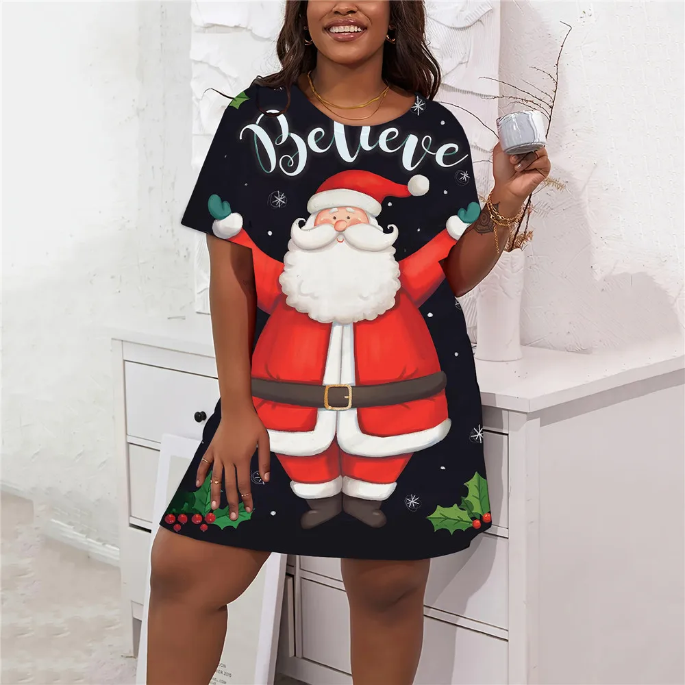 2024 nuove donne vestito di natale simpatico cartone animato modello 3D stampato manica corta vestito allentato Plus Size abbigliamento Casual