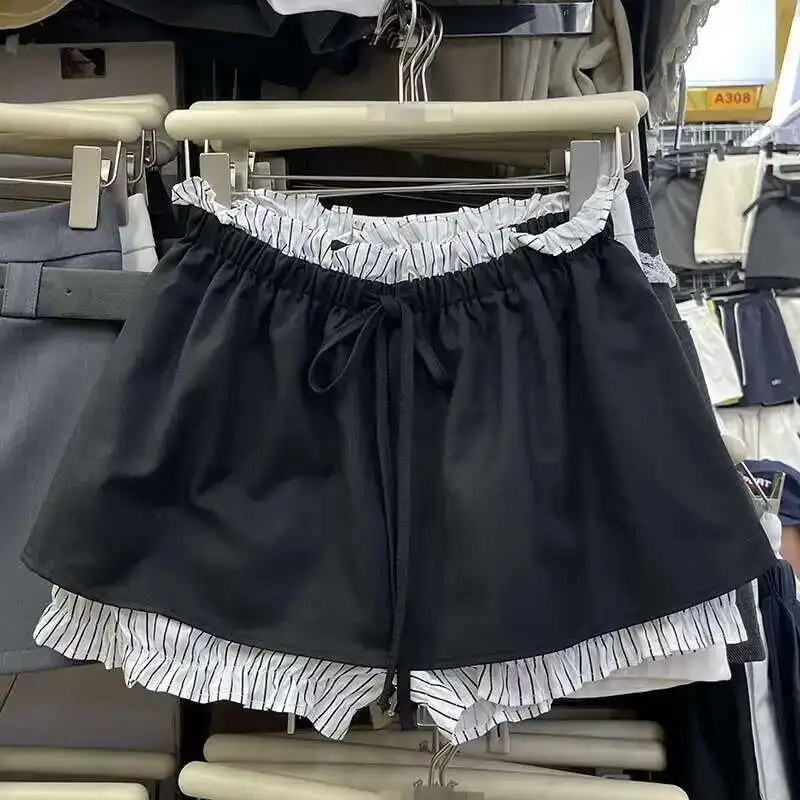 Elastic Waist Striped Spliced Casual Wide Leg Pants Women Loose All-match Black Short Trousers Summer New Tide