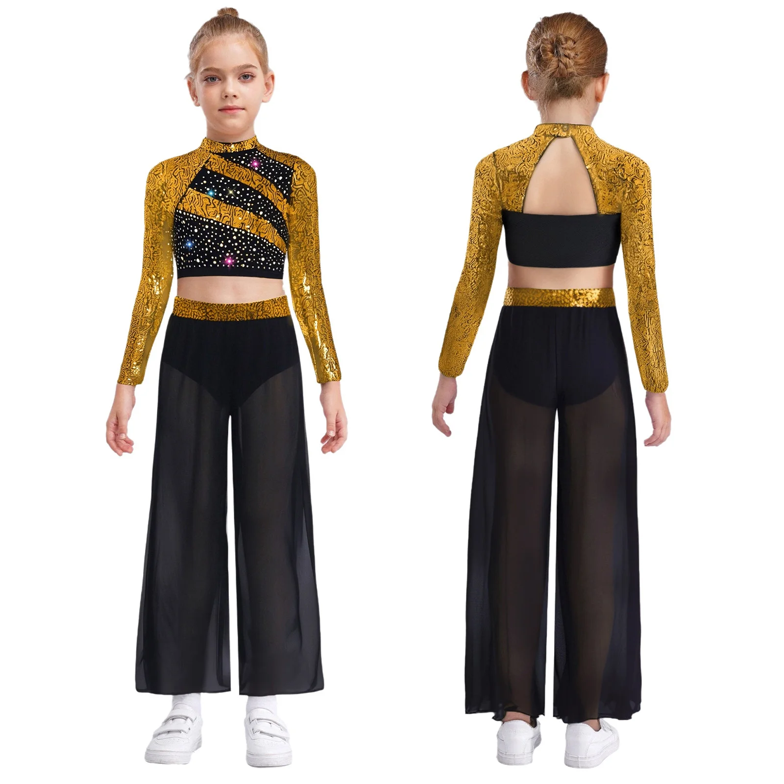 

Children Girl Modern Lyrical Dance Outfit Shiny Crop Top with Side Slit Chiffon Pants Built-in Briefs Gymnastics Skating Clothes