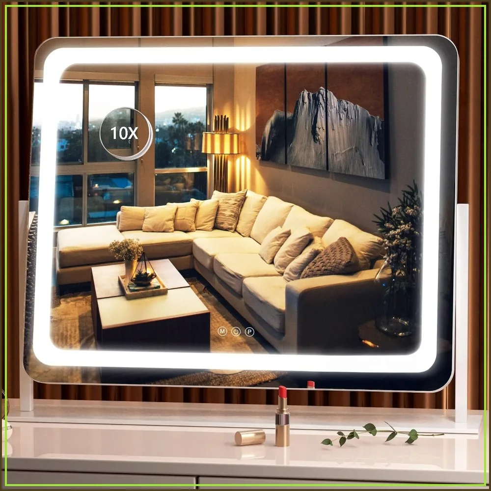 LED Vanity Mirror 24.2x20in, 10X Magnification, 3 Color Dimmable, 360 Rotatable, Wall/Desktop