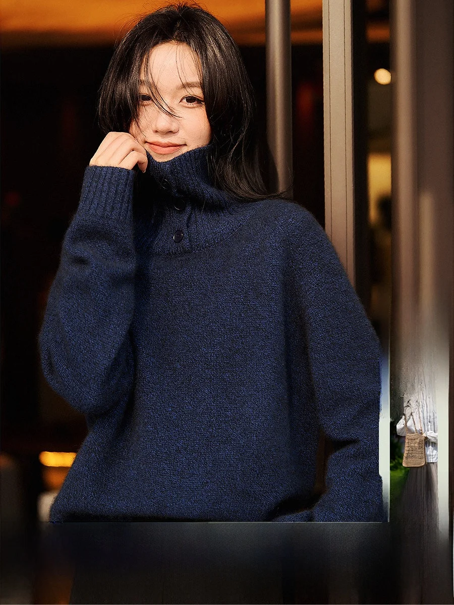 

Мягкий вязаный свитер с высоким воротником из козьей шерсти, теплый, однотонный, свободного кроя, для повседневной носки, женский