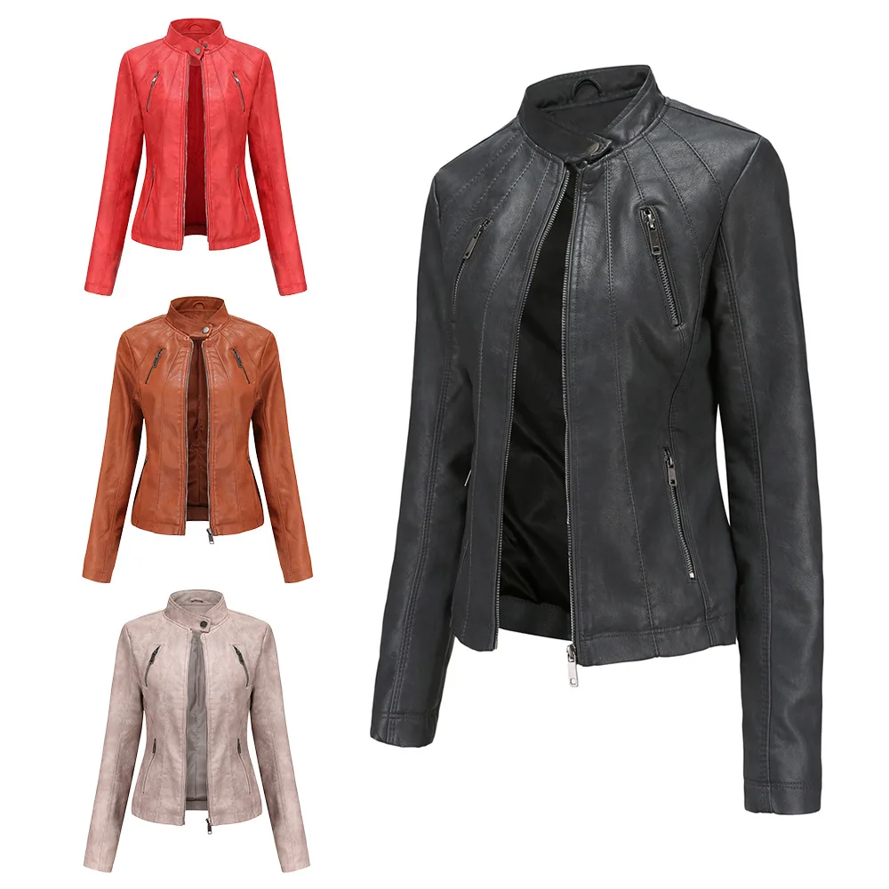 Stand Collar Women Fashion Leather Jacket Short Style Female Slim Coats Spring Autumn Wear