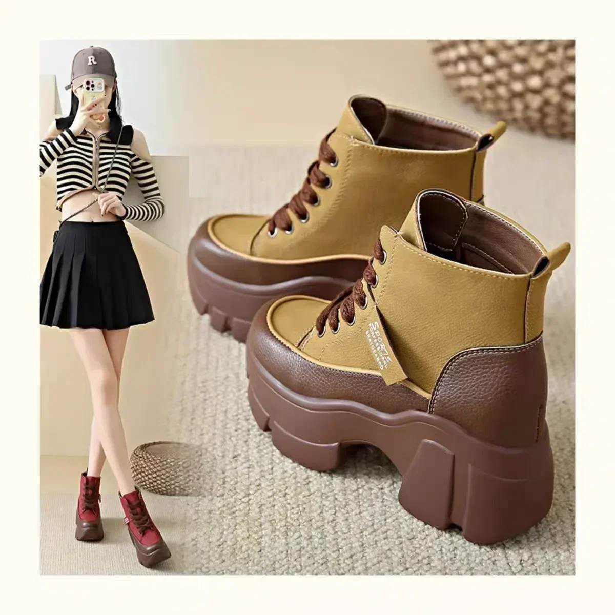 Women's Shoes on Sale High Quality Lace Up Women Boots Winter Round Toe Mixed Colors Short Barrel Platform Increase Height Boots