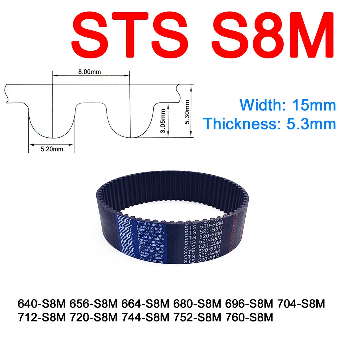 

1Pc Width 15mm S8M Rubber Arc Tooth Timing Belt Pitch Length 640 656 664 680 696 704 712 720 744 752 760mm Synchronous Belts