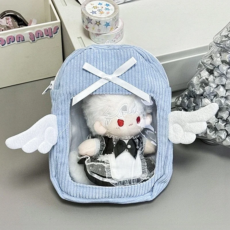 Angel Wing 10cm Plushie Display Ita Bag, Kawaii Soft Corduroy Bow Storage Pouch with Clear Window, for Anime Kpop Merch Decor