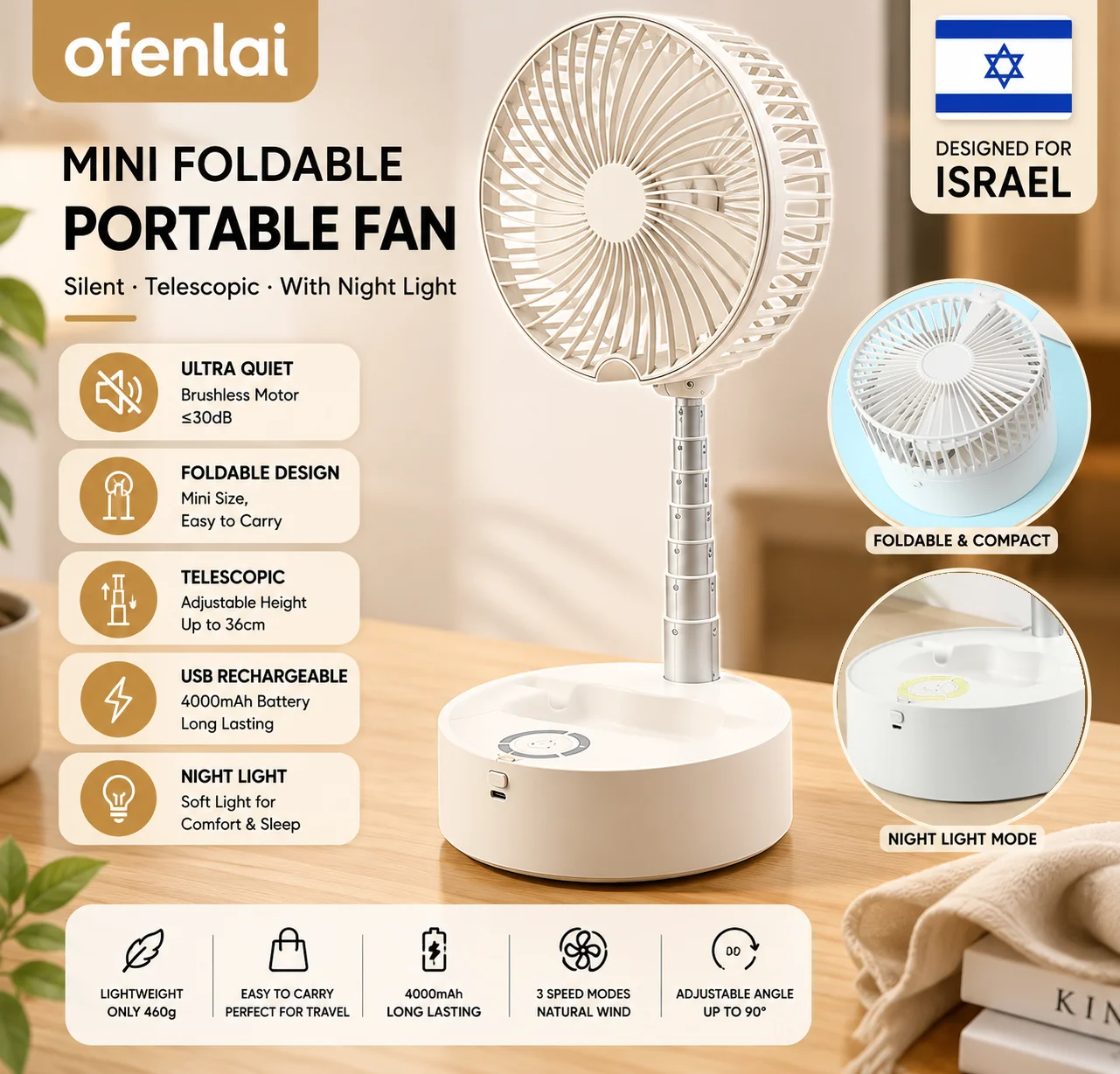 OFENLAI Foldable Portable Fan with Night Light 7200mAh USB Rechargeable Silent Mini Fan for Bedroom Office Travel