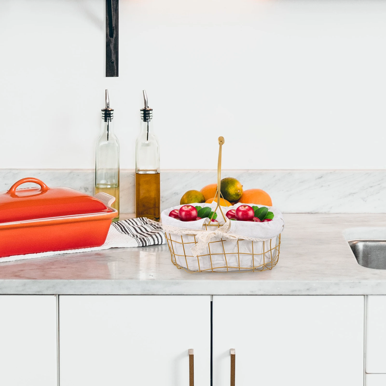 

Handmade Iron Storage Basket Portable Flower Container Golden Handle Cloth Edge Multipurpose Picnic Storage Gift Basket