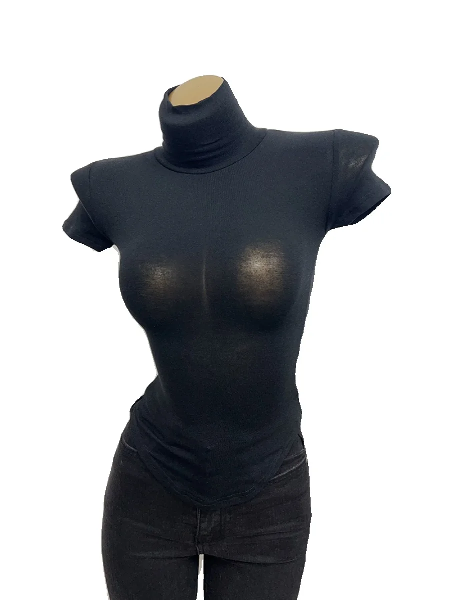 Sexy Slim Fit High Collar ort Sve T-irt Women's Soft Comfortable Thin Elastic Chest Enhancing Versatile High Ne or...