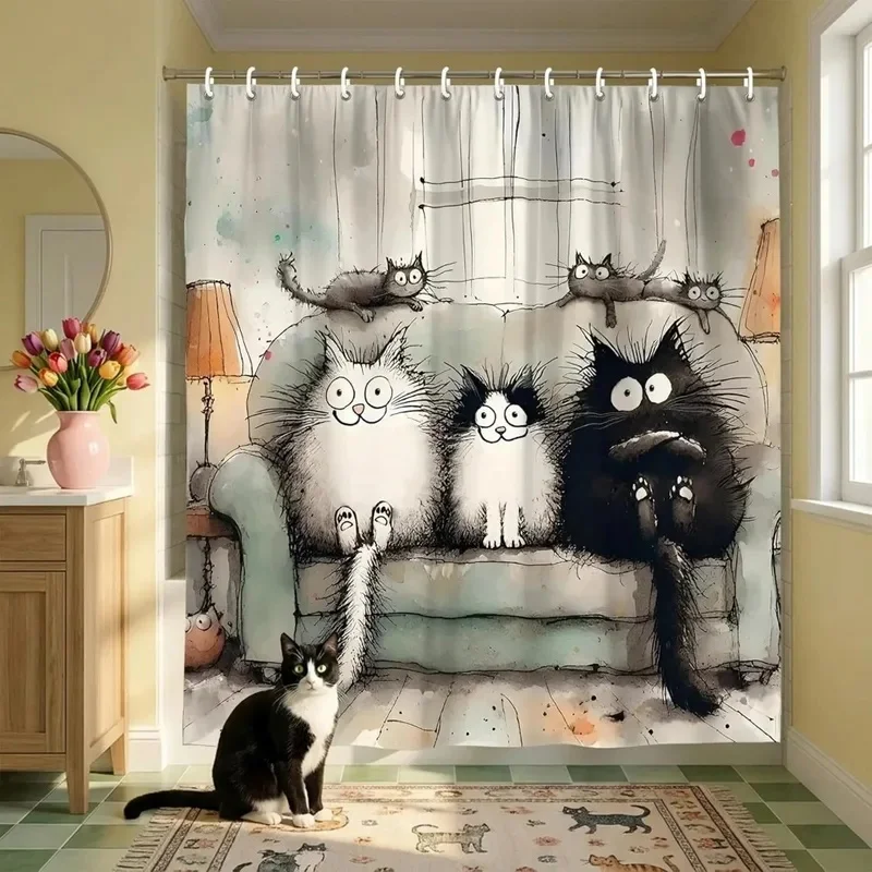 VIKAMA Funny Cartoon Cat Shower Curtain Hand Drawn Fluffy Cats on Sofa Print Waterproof Fabric Bathroom Curtain