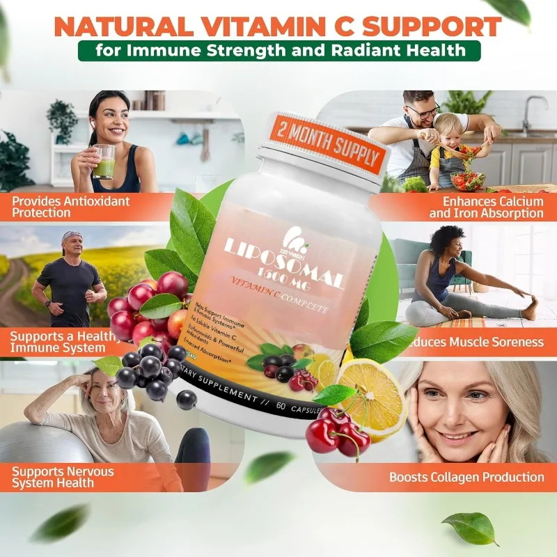 Liposomal vitamina C zinc que contiene saúco, Amla, Camu Camu - antienvejecimiento, apoyo inmunológico, 1500 mg/servicio, 60 cápsulas