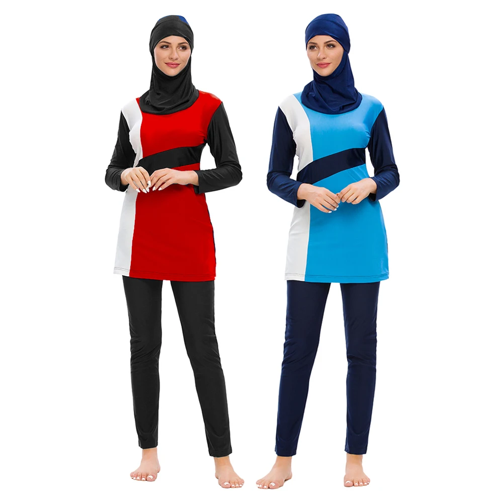 

S-3XL high quality Burkini Muslim femmes swimsuit slim fit swimwear solid color patchwork conservative 3pcs swimwear with cap