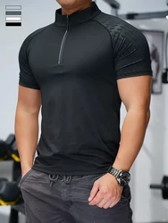 New 2023 Summer Running Gym Men Shirt short Sleeve Tees elastic fit Sports training Fitness Quick dry Zip collar Polo T Shirt